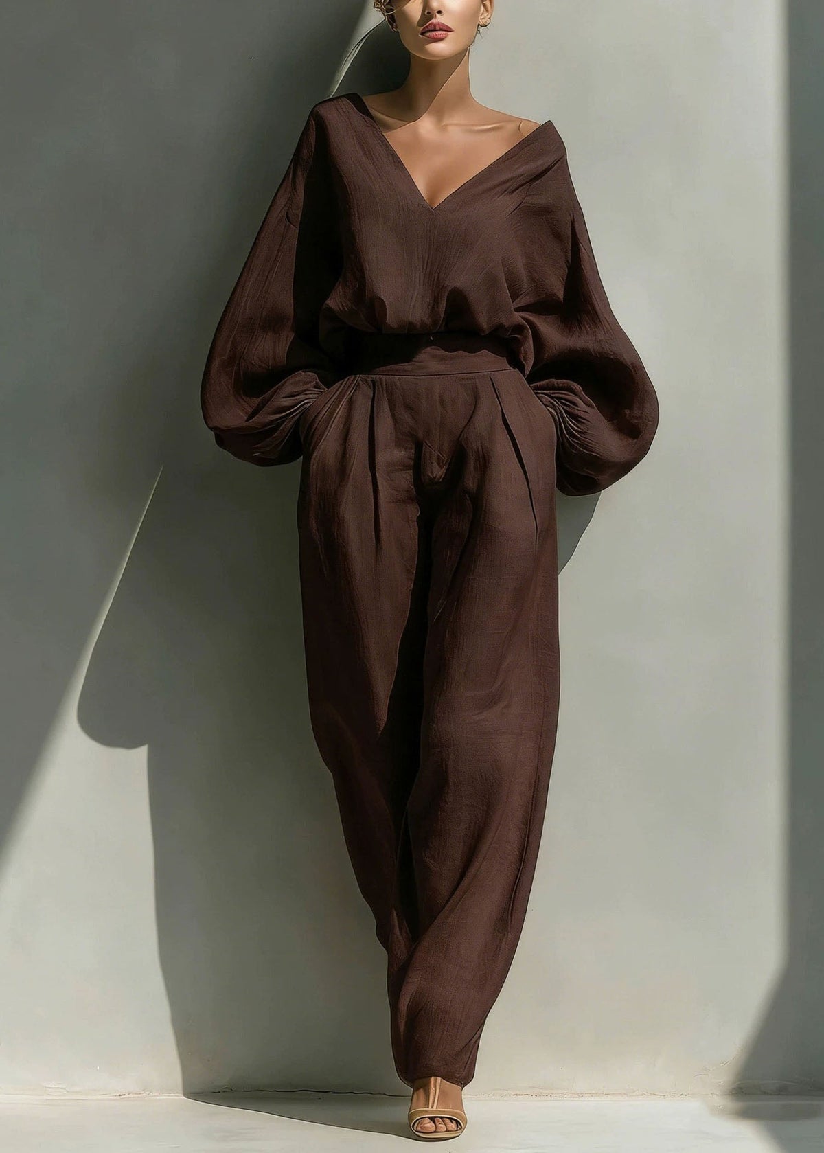 Fashion White V Neck Solid Top And Wide Leg Pants Two Pieces Set Fall