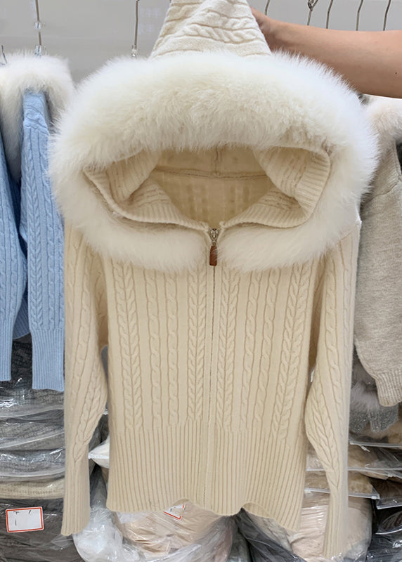 Cárdigan de punto de algodón con capucha y retazos con cremallera blanca de moda para invierno