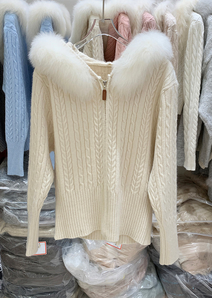 Cárdigan de punto de algodón con capucha y retazos con cremallera blanca de moda para invierno