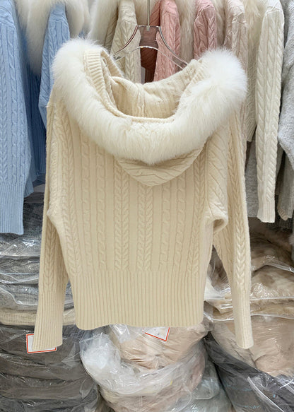 Cárdigan de punto de algodón con capucha y retazos con cremallera blanca de moda para invierno