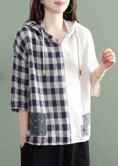 Mode Weiß mit Kapuze Plaid Patchwork Herbst Halbarm Shirt Top