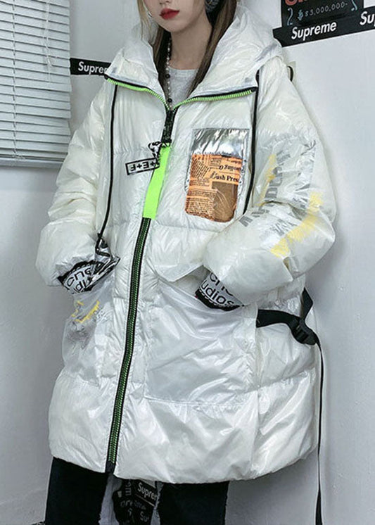 Mode Weiß reißverschluss Mit Kapuze Print Ente Unten mäntel Winter