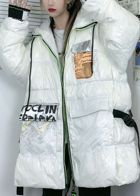 Mode Weiß reißverschluss Mit Kapuze Print Ente Unten mäntel Winter