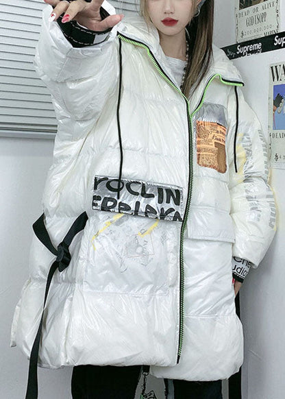 Mode Weiß reißverschluss Mit Kapuze Print Ente Unten mäntel Winter