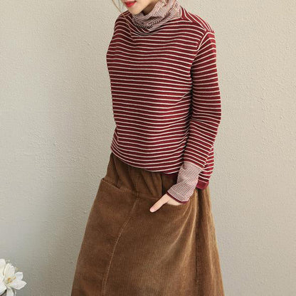 Mode Damen High Neck Striped Pullover Lose Tops