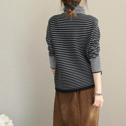 Mode Damen High Neck Striped Pullover Lose Tops