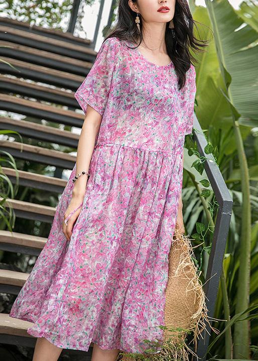 Fashion Women o neck patchwork linen pink print Dresses summer - SooLinen