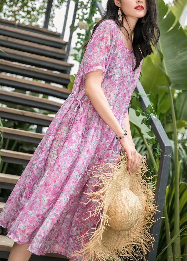 Fashion Women o neck patchwork linen pink print Dresses summer - SooLinen