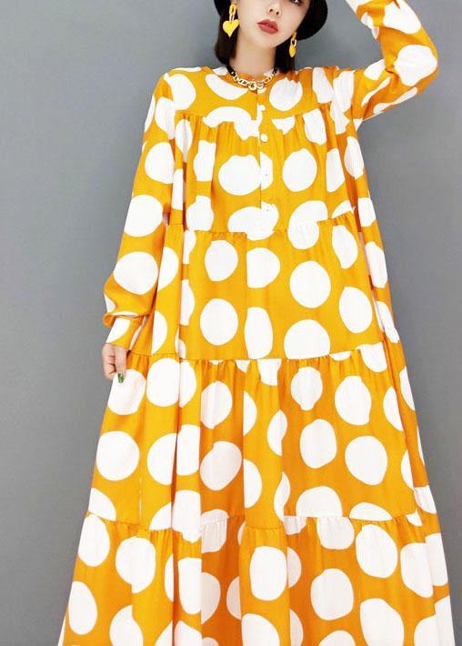 Fashion Yellow Button Print Fall Long Sleeve Holiday Dress - SooLinen