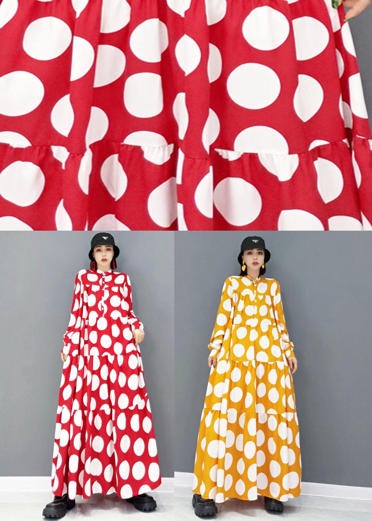 Fashion Yellow Button Print Fall Long Sleeve Holiday Dress - SooLinen