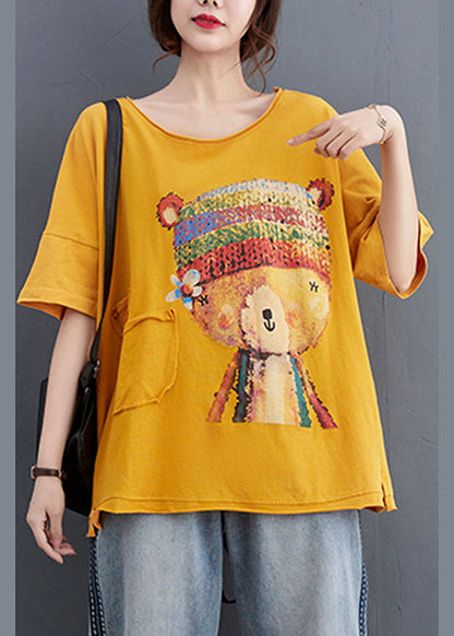 Mode Gelb Lose O-Ausschnitt Print Herbst T-Shirts Halbarm