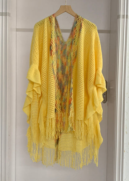 Fashion Yellow Low High Design Tassel Knit Shawl Batwing Sleeve
