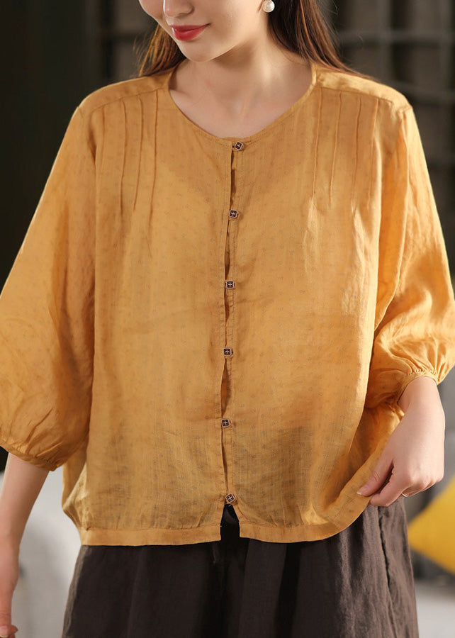 Fashion Yellow O Neck Button Linen Top Summer