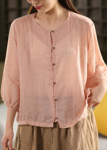 Fashion Yellow O Neck Button Linen Top Summer