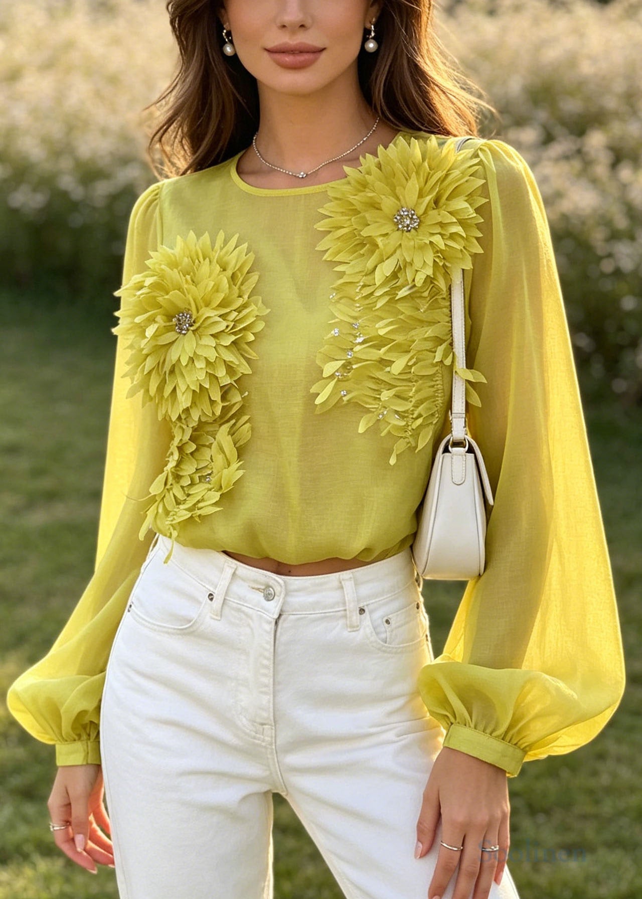 Fashion Yellow Oversized Scallop Trim Cotton Top Summer