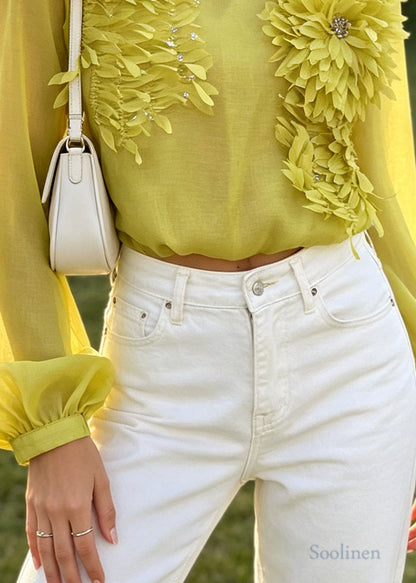 Fashion Yellow Oversized Scallop Trim Cotton Top Summer