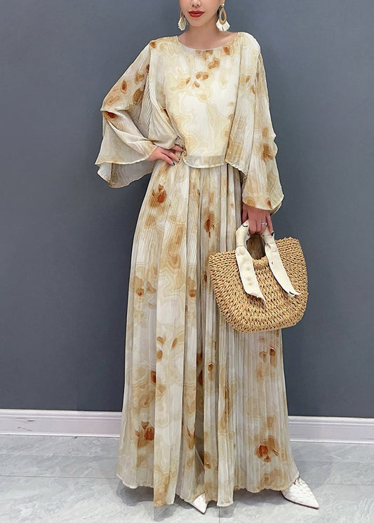 Fashion Yellow Print Chiffon Top And Maxi Skirts Two Pieces Set Flare Sleeve