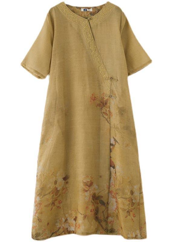 Fashion Yellow Print Oriental Party Dress Summer Linen Dress - SooLinen