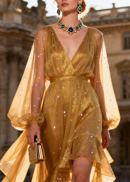 Fashion Yellow Ruffled Low High Design Rhinestone Chiffon Vacation Dresses Summer