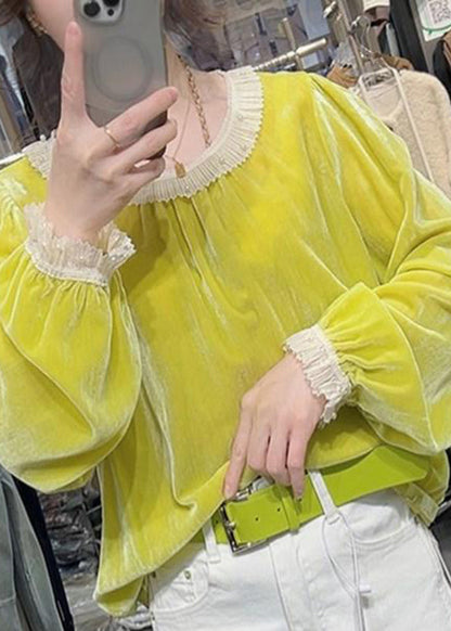 Fashion Yellow Ruffled Nail Bead Silk Velour Shirt Fall