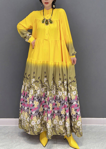 Mode Gelb Stehkragen Print Patchwork Urlaub Lange Kleider Frühling