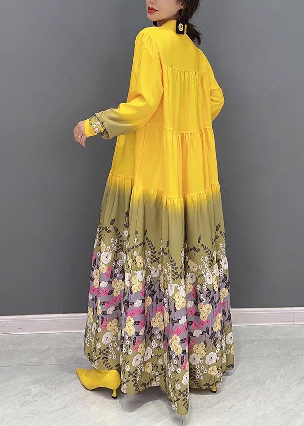 Mode Gelb Stehkragen Print Patchwork Urlaub Lange Kleider Frühling