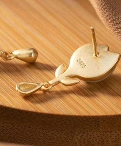 Mode Gelb Sterling Silber Intarsien Jade Blatt Tropfen Ohrringe