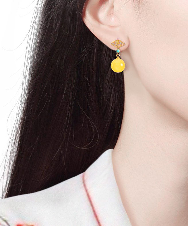 Mode Gelb Sterling Silber Overgild Türkis Bienenwachs Tropfen Ohrringe