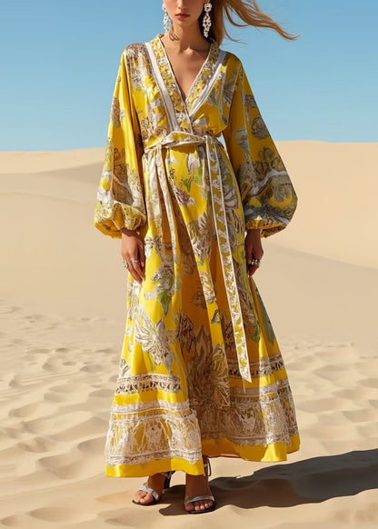 Fashion Yellow Tie Waist Print Chiffon Robe Dresses Spring