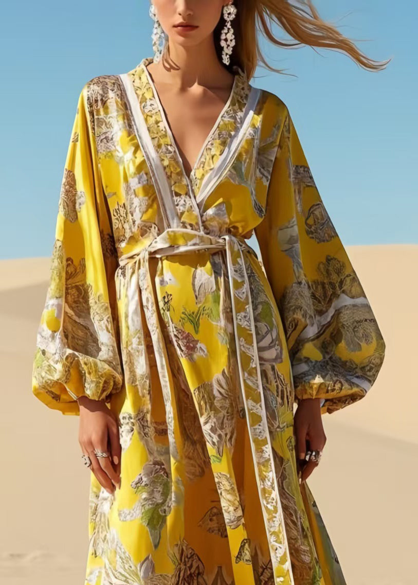 Fashion Yellow Tie Waist Print Chiffon Robe Dresses Spring