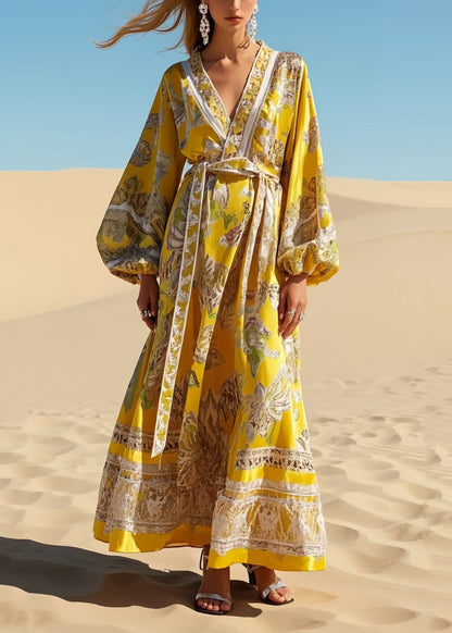 Fashion Yellow Tie Waist Print Chiffon Robe Dresses Spring
