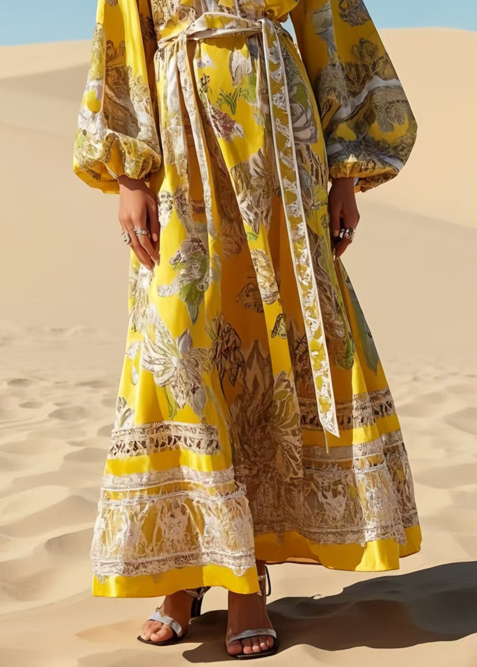 Fashion Yellow Tie Waist Print Chiffon Robe Dresses Spring