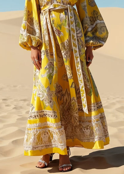 Fashion Yellow Tie Waist Print Chiffon Robe Dresses Spring