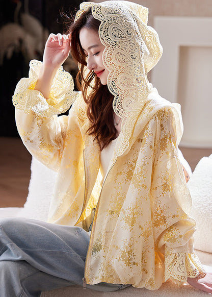 Fashion Yellow Zip Up Lace Hoodie Coat Batwing Sleeve