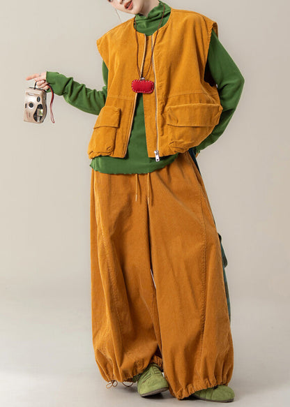 Modisches gelbes Cord-Set mit Reißverschlusstaschen für Damen, 3-teilig, Winter