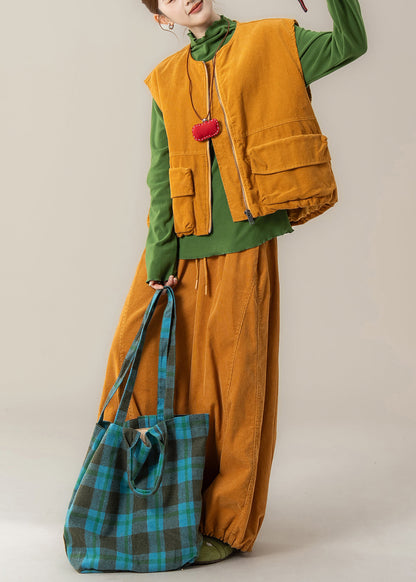 Modisches gelbes Cord-Set mit Reißverschlusstaschen für Damen, 3-teilig, Winter