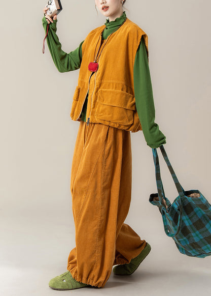 Modisches gelbes Cord-Set mit Reißverschlusstaschen für Damen, 3-teilig, Winter