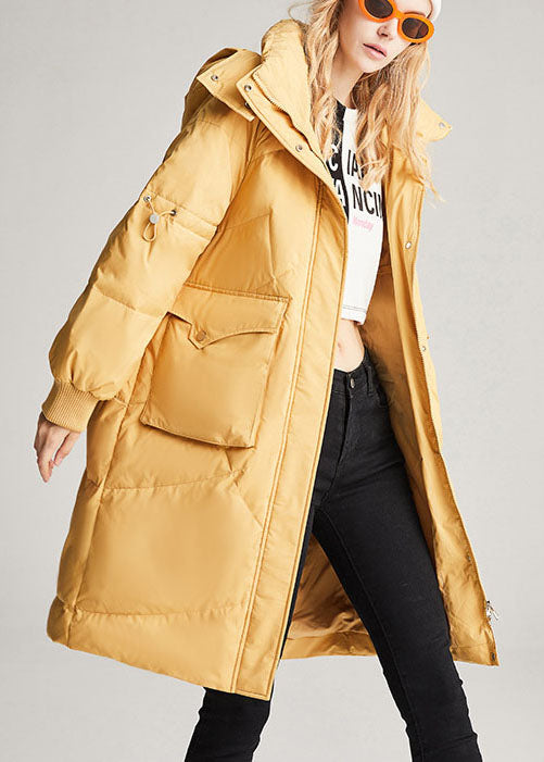 Fashion Yellow hooded Pockets Loose Winter Duck Down Winter Coats