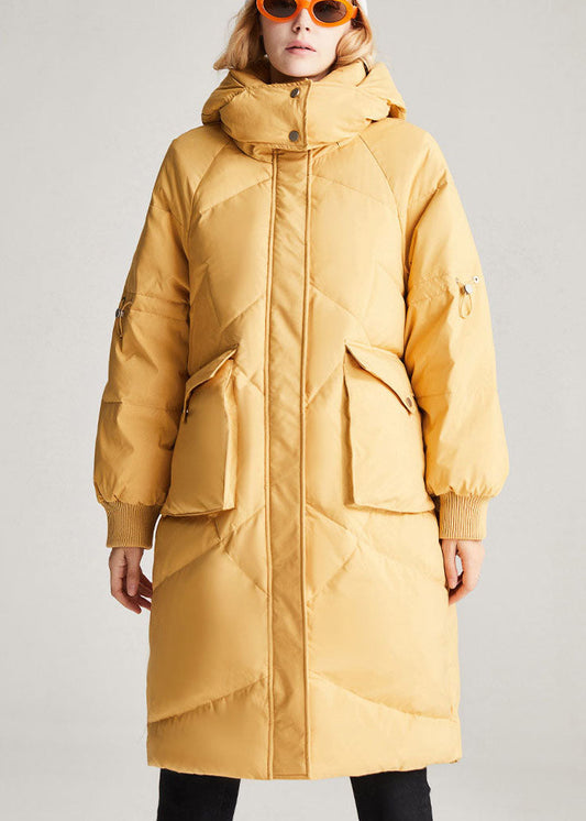 Fashion Yellow hooded Pockets Loose Winter Duck Down Winter Coats
