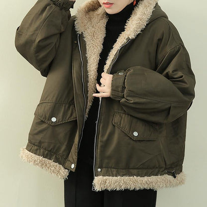 Fashion army green clothes hooded zippered casual knitwear fuzzy wool coat - SooLinen