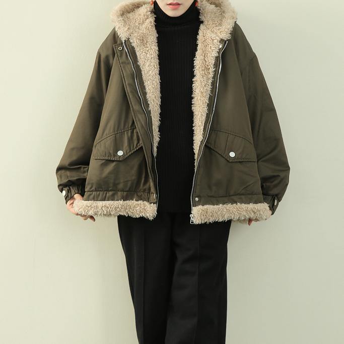 Fashion army green clothes hooded zippered casual knitwear fuzzy wool coat - SooLinen