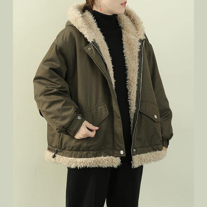 Fashion army green clothes hooded zippered casual knitwear fuzzy wool coat - SooLinen