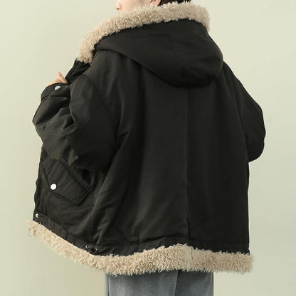 Fashion army green clothes hooded zippered casual knitwear fuzzy wool coat - SooLinen