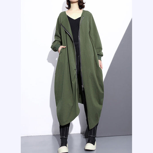 Mode armee grün langen mantel übergroßen O neck asymmetrische design outwear Mode reißverschluss mäntel