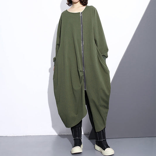 Mode armee grün langen mantel übergroßen O neck asymmetrische design outwear Mode reißverschluss mäntel