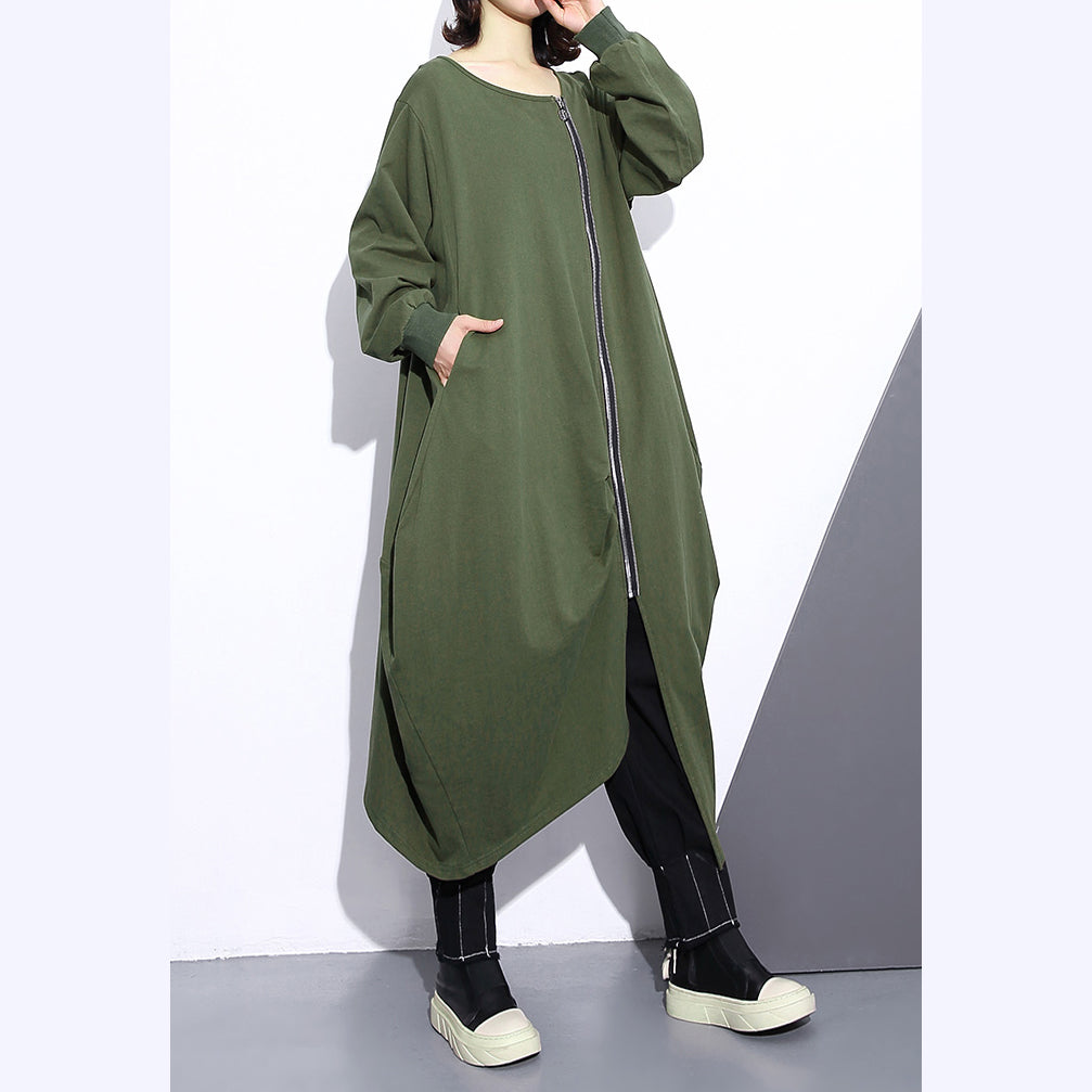 Mode armee grün langen mantel übergroßen O neck asymmetrische design outwear Mode reißverschluss mäntel