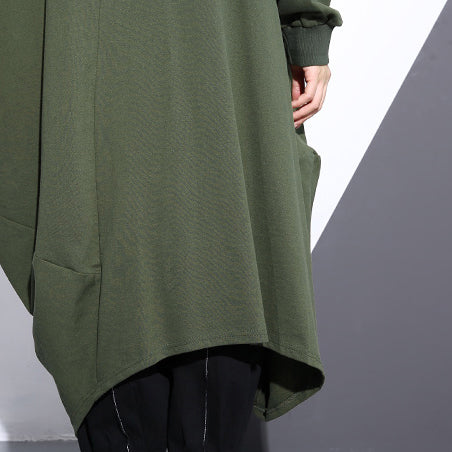 Mode armee grün langen mantel übergroßen O neck asymmetrische design outwear Mode reißverschluss mäntel