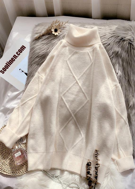 Fashion beige Sweater dresses DIY high neck long sleeve Mujer knitted tops - SooLinen