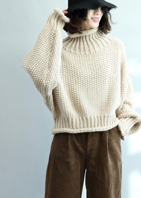 Fashion beige knit tops high neck lantern sleeve trendy plus size knit tops - SooLinen