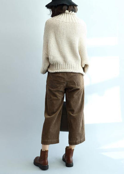 Fashion beige knit tops high neck lantern sleeve trendy plus size knit tops - SooLinen